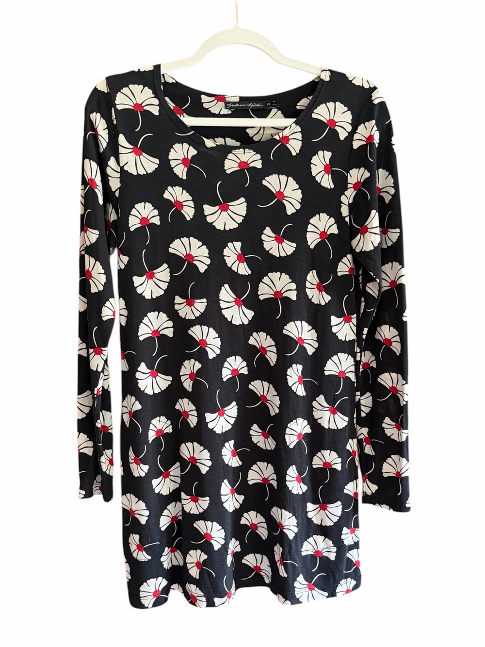 GUDRUN SJODEN Modal Ginko Print Black & Red Long‎ Sleeve Tunic Dress XS
